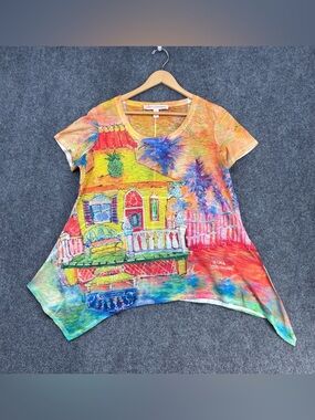 Leoma Lovegrove Art To Wear Colorful Handkerchief Hem Top Women’s XL Tropical